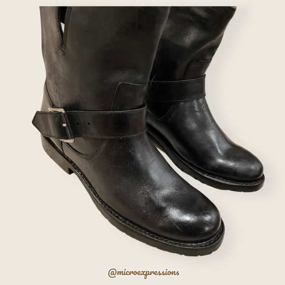 $388 Frye Natalie Engineer Black Leather  Short Moto Belted Casual Lug AnkleBoot - Picture 12 of 16